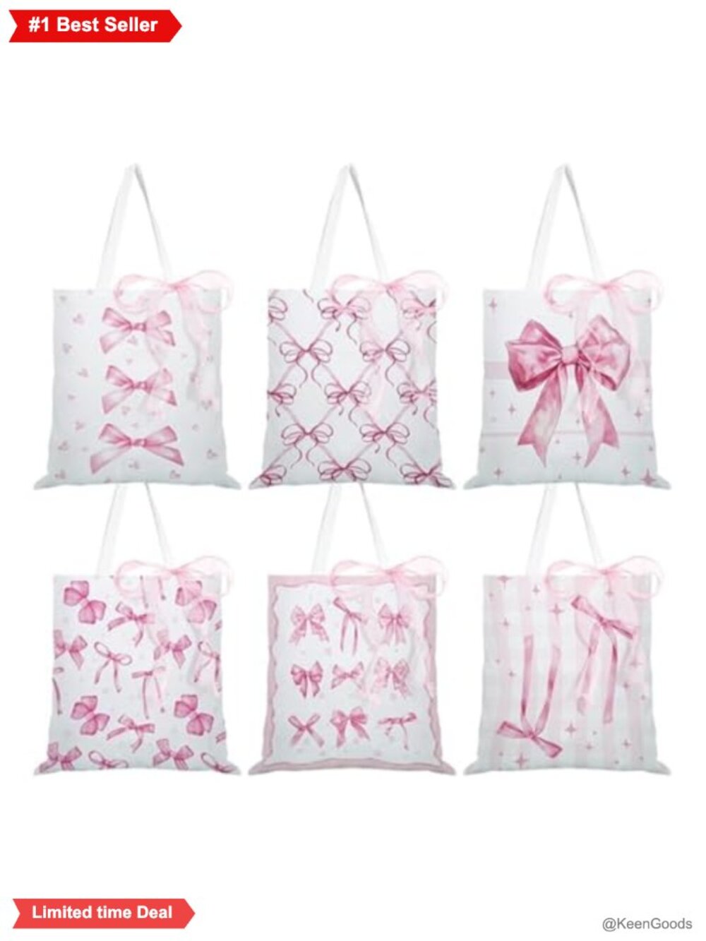 6 Pack Canvas Tote Bags Set with Bow Handles Reusable Grocery Shopping Bags